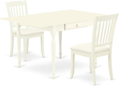 East West Furniture MZDA3-LWH-C 3 Piece Dining Room Table Set Contains a Rectangle Kitchen Table with Dropleaf and 2 Linen Fabric Upholstered Dining Chairs, 36x54 Inch, Linen White
