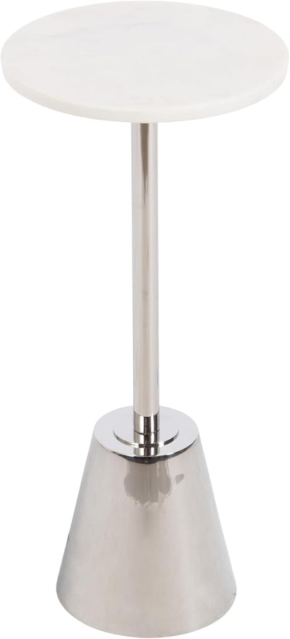 Kate and Laurel Tira Elegant Round Drink Table, 10 x 22, White Marble and Silver, Modern Glam Circle Martini Table for Use as a Small Bedroom Nightstand or Living Room Plant Stand Option