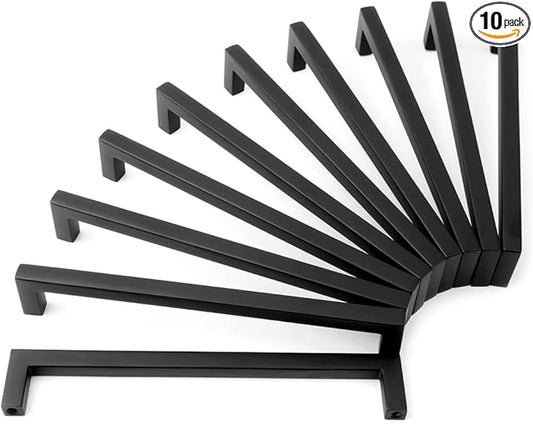 KOOFIZO Solid Square Bar Cabinet Handle - Black Furniture Pull, 6.3 Inch/160mm Screwhole Distance, 10-Pack for Kitchen Cupboard Door, Bedroom Dresser Drawer, Bathroom Wardrobe Hardware