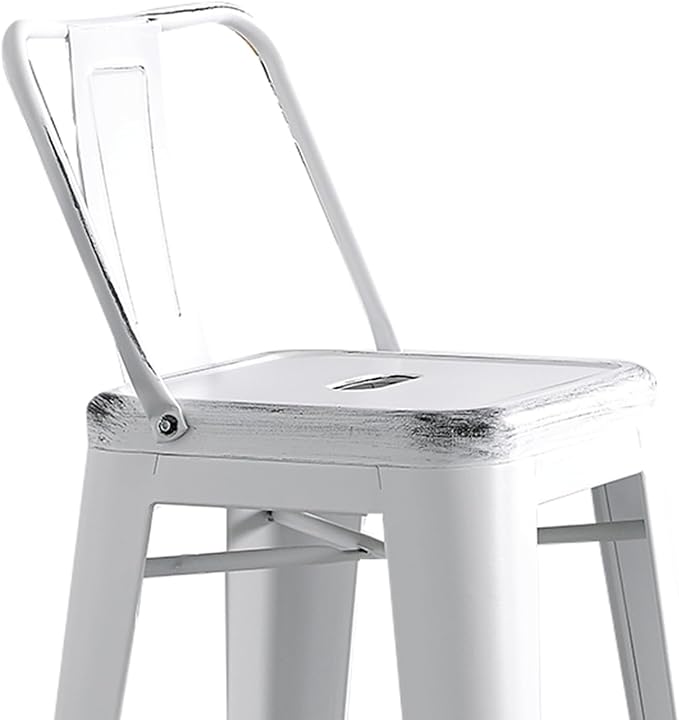 AC Pacific 30” Metal Barstool Set of 2 – Country Rustic Style with Low Back, Lightweight & Sturdy Build, Easy Assembly – Distressed Snow White