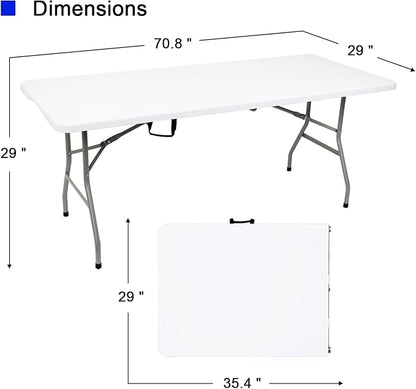 70.8" W X 29" D X 29" H - 6 ft Folding Table White Portable Heavy Duty Plastic Fold-in-Half Utility Foldable Table for Camp，Picnic & Party