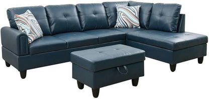 Denim L-Shaped 3-Piece Faux Leather Sofa with Storage Ottoman Set, Sectional Couch Sofa Set for Living Room, Office, Small Space