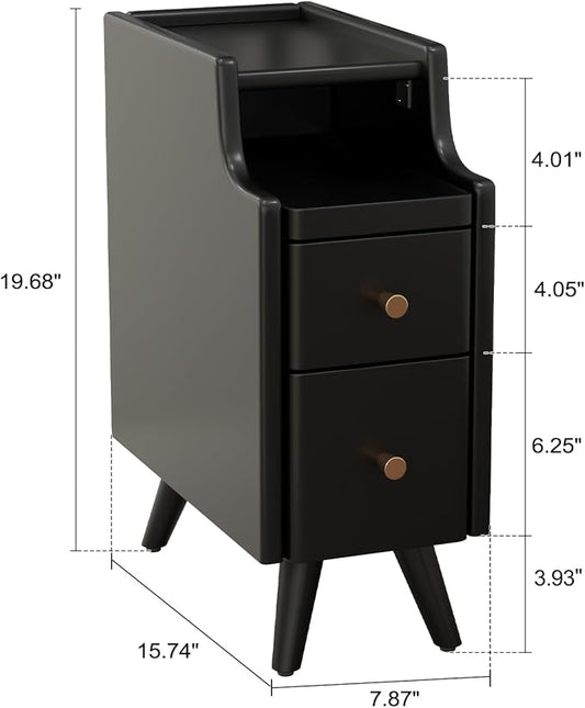Narrow Nightstand with Drawers, Wood Bedside Table, Small Black Nightstand Set of 2