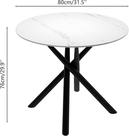 White Marble Round Dining Table with Black Metal Legs, 32 in Modern Sintered Stone Kitchen Table Circle Table for Dining Room Kitchen