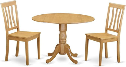 East West Furniture DLAN3-OAK-W 3 Piece Dinette Set for Small Spaces Contains a Round Dining Table with Dropleaf and 2 Dining Room Chairs, 42x42 Inch, Oak