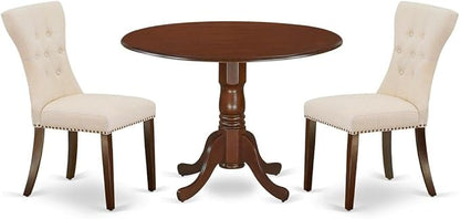 East West Furniture DLGA3-MAH-32 3 Piece Modern Dining Table Set Contains a Round Wooden Table with Dropleaf and 2 Light Beige Linen Fabric Parsons Dining Chairs, 42x42 Inch, Mahogany