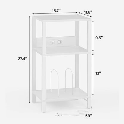 TUTOTAK Record Player Stand with Storage Up to 100 Albums，Record Storage Table,3 Tier End Table with Charging Station,Side Table for Living Room, Bedroom, White TB01BW076