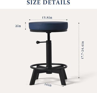 Vintage Short Bar Stools Industrial Swivel Counter Stools 17-24inch Height Adjustable Rustic Leather PU Seat Chairs for Kitchen Island Extra Seat Beside Sofa (Dark Blue)
