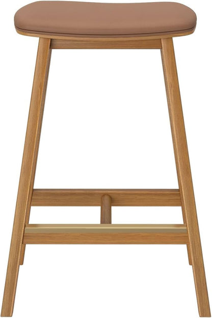 Plank+Beam Beryl Counter Height Stool - Mid-Century Modern Rubberwood Bar Stool with Faux Leather Seat, Metal Footrest, Easy Assembly, 2-Pack, Pecan/Toffee