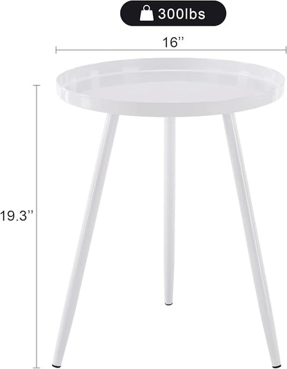 Apicizon 16" Round Side Table, White End Table for Living Room, Bedside, Mid Century Modern Coffee Table or Circle Accent Table for Small Spaces, Metal Nightstand (White)