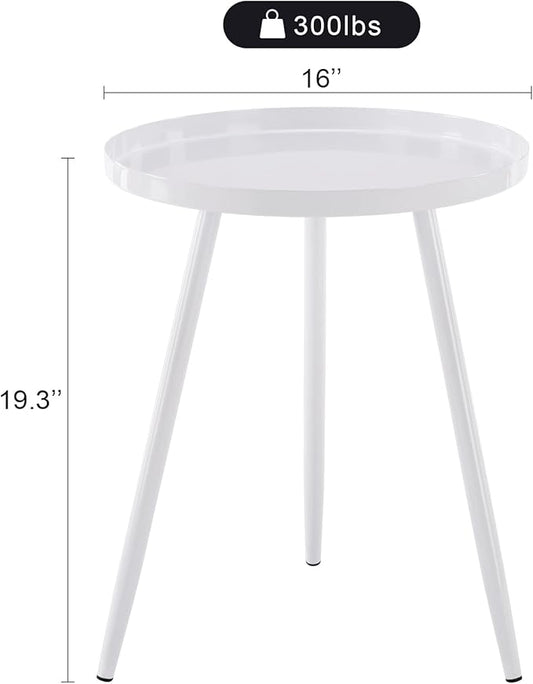 Apicizon 16" Round Side Table, White End Table for Living Room, Bedside, Mid Century Modern Coffee Table or Circle Accent Table for Small Spaces, Metal Nightstand (White)
