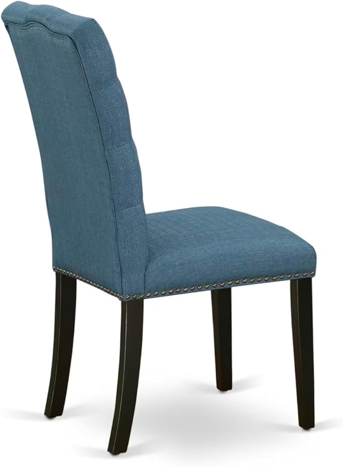 East West Furniture V627EL121-9 9 Piece Dining Table Set Includes a Rectangle Dining Room Table with V-Legs and 8 Blue Linen Fabric Upholstered Parson Chairs, 40x72 Inch, Multi-Color