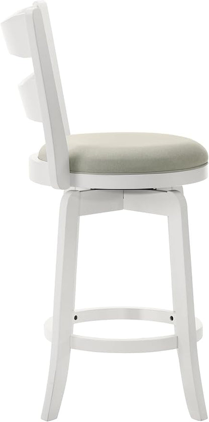 Armen Living Blair 26 in. Matte White Counter Height Rubberwood Swivel Barstool with Fog Fabric Seat - Set of 4