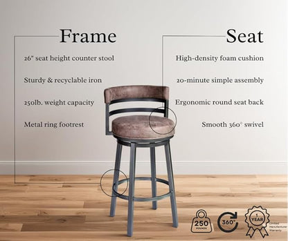 Armen Living Madrid 26" Seat Height Swivel Bandero Tobacco Faux Leather and Mineral Finish Bar Stool for Kitchen Island Counter