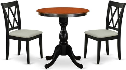 East West Furniture ESBR3-BCH-17 3 Piece Dining Table Set Contains a Round Dining Room Table with Pedestal and 2 Light Sable Linen Fabric Upholstered Chairs, 30x30 Inch, Black & Cherry