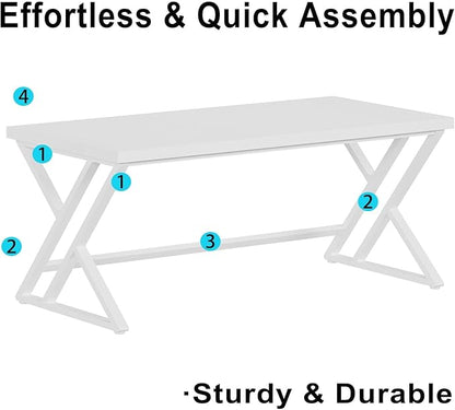 LVB Modern White Computer Desk, Long Industrial Home Office Desk for Student, Large Metal Wood Writing Study Work Desk, Farmhouse Executive Gaming Computer Table for Bedroom Living Room, White, 60 in