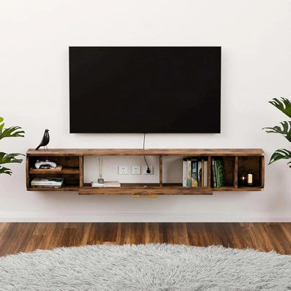 Floating TV Unit, 58'' Wall Mounted TV Cabinet, Floating Shelves with 4 Cabinets, Wooden Entertainment Media Console Center Large Storage TV Bench for Living Room & Office (Rustic Brown)