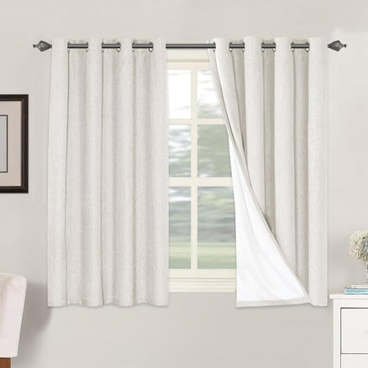 H.VERSAILTEX Primitive Linen Curtains 100% Blackout Curtain Drapes Burlap Fabric Curtains with White Thermal Insulated Liner, Grommet Top Curtains Living Room/Bedroom (2 Panels, 52 x 54 Inch, Ivory)