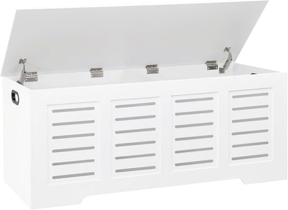 DINZI LVJ Storage Chest, 47.3” Wooden Toy Box with 2 Safety Hinges, Retro Entryway Shoe Storage Bench with Flip-Top, Sturdy Large Storage Trunk for Living Room, Bedroom, Easy Assembly, White