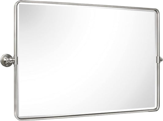 TEHOME 24 x 38'' Horizontal Farmhouse Brush Nickel Metal Framed Pivot Rectangle Bathroom Mirror Tilting Beveled Vanity Mirrors for Wall