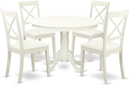 East West Furniture HLBO5-LWH-LC 5 Piece Dining Set Includes a Round Dining Room Table with Pedestal and 4 Faux Leather Upholstered Chairs, 42x42 Inch, Linen White