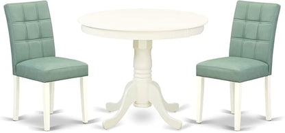 East West Furniture ANAS3-LWH-43 3 Piece Dining Table Set consists A Dinner Table and 2 Willow Green Polyester Fabric Parson Kitchen Chairs with Stylish Back- Linen White Finish