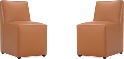 Manhattan Comfort Anna Square Modern Dining Chair with Head to Toe Faux Leather Upholstery and Plastic Foot Padding, Luxury Accent Furniture, Set of 2, Saddle