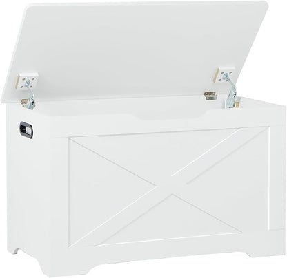Storage Chest, Wooden Storage Bench, Entryway Shoes Bench with 2 Safety Hinges, Retro Storage Trunk for Living Room, Bedroom, 15.7 x 31.5 x 18.9 Inches, White