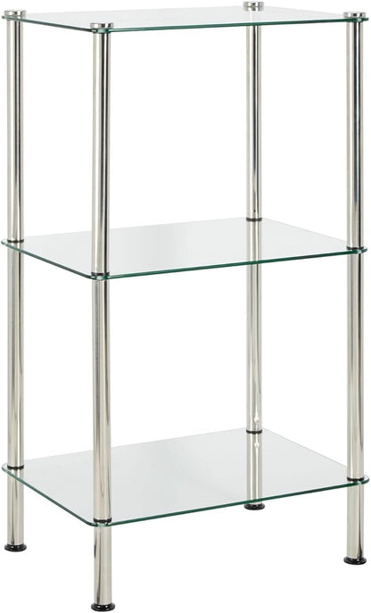 mDesign Metal/Glass 3-Tier Storage Tower, Narrow Shelving Display Unit, Open Glass Shelves; Multi-Use Stand for Living Room, Bathroom, Home Office, Hallway, Bedroom Organization - Chrome/Clear