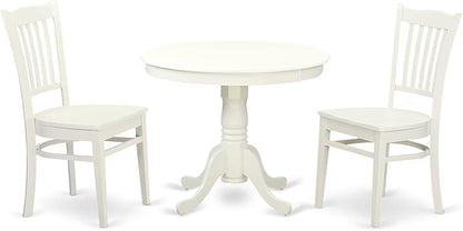 East West Furniture ANGR3-LWH-W 3 Piece Kitchen Table & Chairs Set Contains a Round Dining Room Table with Pedestal and 2 Solid Wood Seat Chairs, 36x36 Inch, Linen White