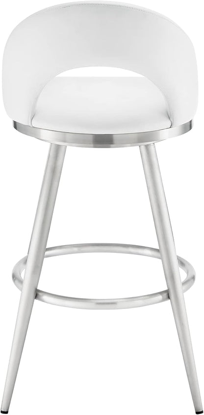 Armen Living Charlotte Swivel Bar Stool in Brushed Stainless Steel with White Faux Leather