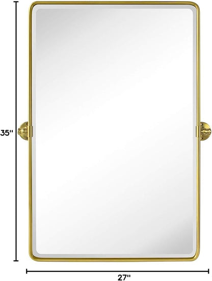 TEHOME 27 x 35'' Gold Pivot Mirror Brushed Champagne Gold Tilt Rectangle Bathroom Mirror Tilting Beveled Vanity Mirrors for Wall