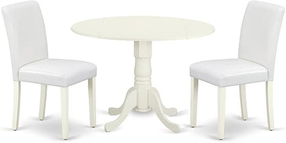 East West Furniture DLAB3-LWH-64 3 Piece Dinette Set for Small Spaces Contains a Round Dining Table with Dropleaf and 2 White Faux Leather Parson Dining Chairs, 42x42 Inch, Linen White