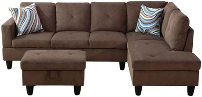 Brown L-Shaped 3-Piece Corduroy Fabric Sofa with Storage Ottoman Set, Sectional Couch Sofa Set for Living Room, Office, Small Space