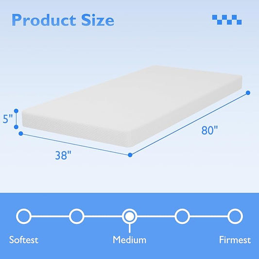 FDW | 5 Inch Twin XL Mattress | Medium Firm | Gel Memory Foam Mattress | White | Bed in a Box, CertiPUR-US Certified | Pressure Relief, Cooling Ventilated Foam | Washable Removable Cover