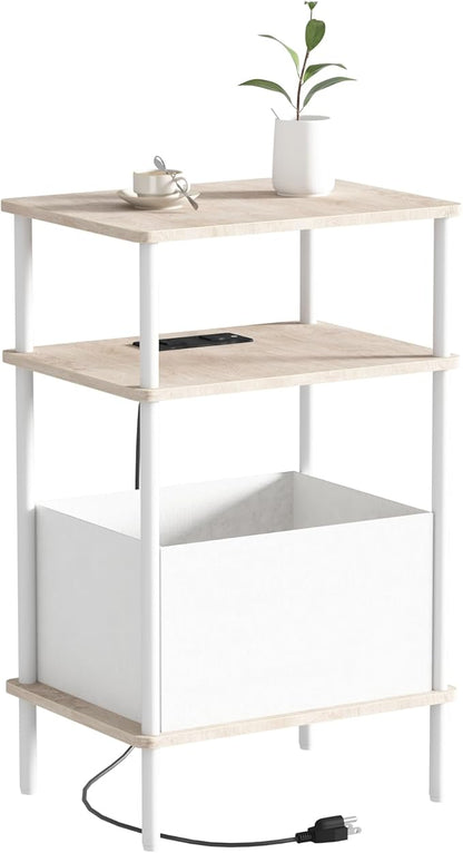 Small Side Table with Charging Station, End Table for Small Spaces, Slim Nightstand with Outlet,Sofa Beside Table, 3-Tier Storage Shelf,Living Room, Bed Room, Natrual Oak
