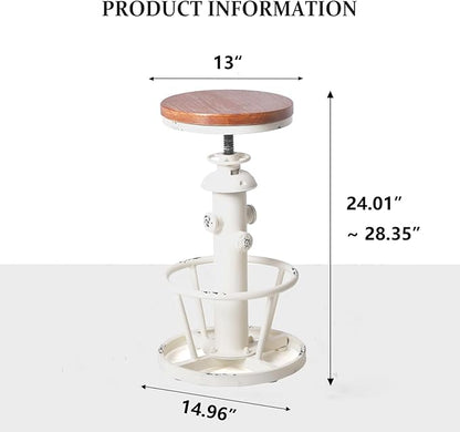 Topower Aged Antique Industrial Round Bottom Adjustable Height Cafe Coffee Retro Vintage Stylish Water Pipe Design Pub Kitchen Bar Stool (Antique White, Wooden Top)