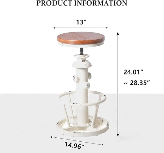 Topower Aged Antique Industrial Round Bottom Adjustable Height Cafe Coffee Retro Vintage Stylish Water Pipe Design Pub Kitchen Bar Stool (Antique White, Wooden Top)