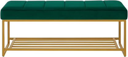 24KF Jade Velvet Upholstered End of Bed Bench with Metal Shelf, Modern Tufted Channel Entryway Bench Footboard Bench for Living Room, Bedroom, Gold Bench,5036-Jade
