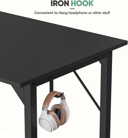 40 Inch Desk Office with Storage, Modern Simple Style Gaming Computer Table for Youth Student Adult, Metal and Wood Home Office Furniture, Black