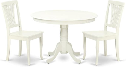 East West Furniture HLAV3-LWH-W 3 Piece Kitchen Table Set for Small Spaces Contains a Round Dining Room Table with Pedestal and 2 Dining Chairs, 42x42 Inch, Linen White