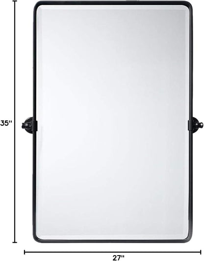 TEHOME Matt Black Pivot Rectangle Bathroom Vanity Mirrror Farmhouse Tiltable Rounded Metal Framed Pivoting Bathroom Mirror with Beveled Mirrror, Overall 27 x 35 inches (Mirrror 23 x 35 inches)