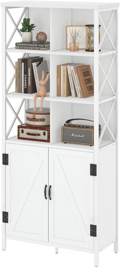 FATORRI Tall Bookshelf and Bookcase, Industrial Bookshelf with Doors, Bookcase with Storage, Cube Storage Organizer Bookshelves, Wood Book Shelf for Living Room, Home Office (White Oak, 67 Inch)