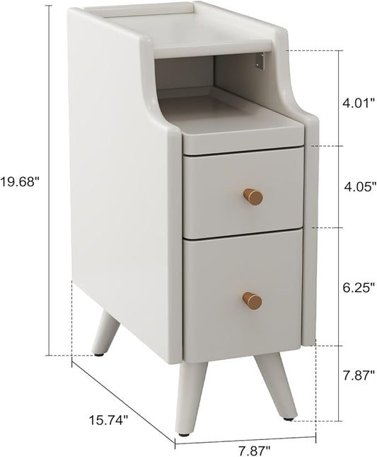 Narrow Nightstand with Drawers, Wood Bedside Table, Small White Nightstand Set of 2