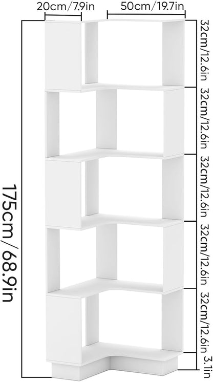 Corner Bookshelf, 68.9" Tall Wooden Corner Bookcase 5 Tiers L-Shaped Storage Freestanding Display Rack Large Open Bookshelf with Fixture for Living Room Bedroom Study Office (White)
