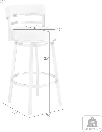 Armen Living Titana 26" Counter Height Swivel White Faux Leather and Brushed Stainless Steel Bar Stool