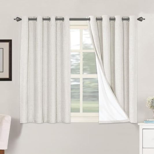 H.VERSAILTEX Primitive Linen Curtains 100% Blackout Curtain Drapes Burlap Fabric Curtains with White Thermal Insulated Liner, Grommet Top Drapes Living Room/Bedroom (2 Panels, 52 x 45 Inch, Ivory)