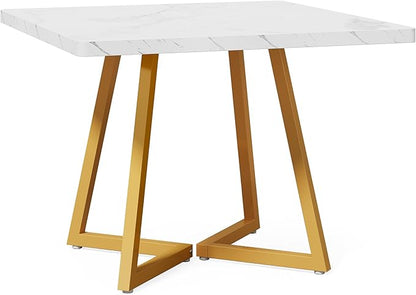 LITTLE TREE 31.5 Inches Small Dining Table for 4, Square Dinner Table for Small Space, Dining Room Tables, White Gold Wooden Kitchen Table with Metal Legs, Modern Leisure Cafe Table for Apartment