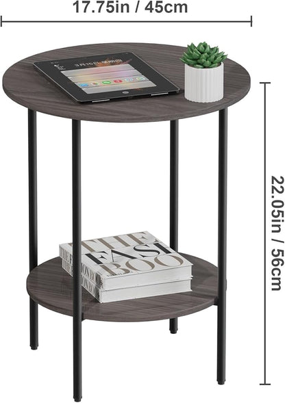 Side Table,Round End Table with 2 Storage Shelves| Compact Side Tables for Living Room, Couch, Office & Bedroom | Narrow Accent Table as Space-Saving Small Bedside Table 18x18x22in (Grey)