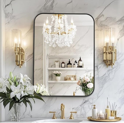 MZON 24x32 Inch Matte Black Bathroom Mirror, Rectangle Wall Mirror for Bathroom, Anti-Rust Frame & Tempered Glass, Hangs Horizontally/Vertically - Farmhouse, or Modern Bathroom Decor